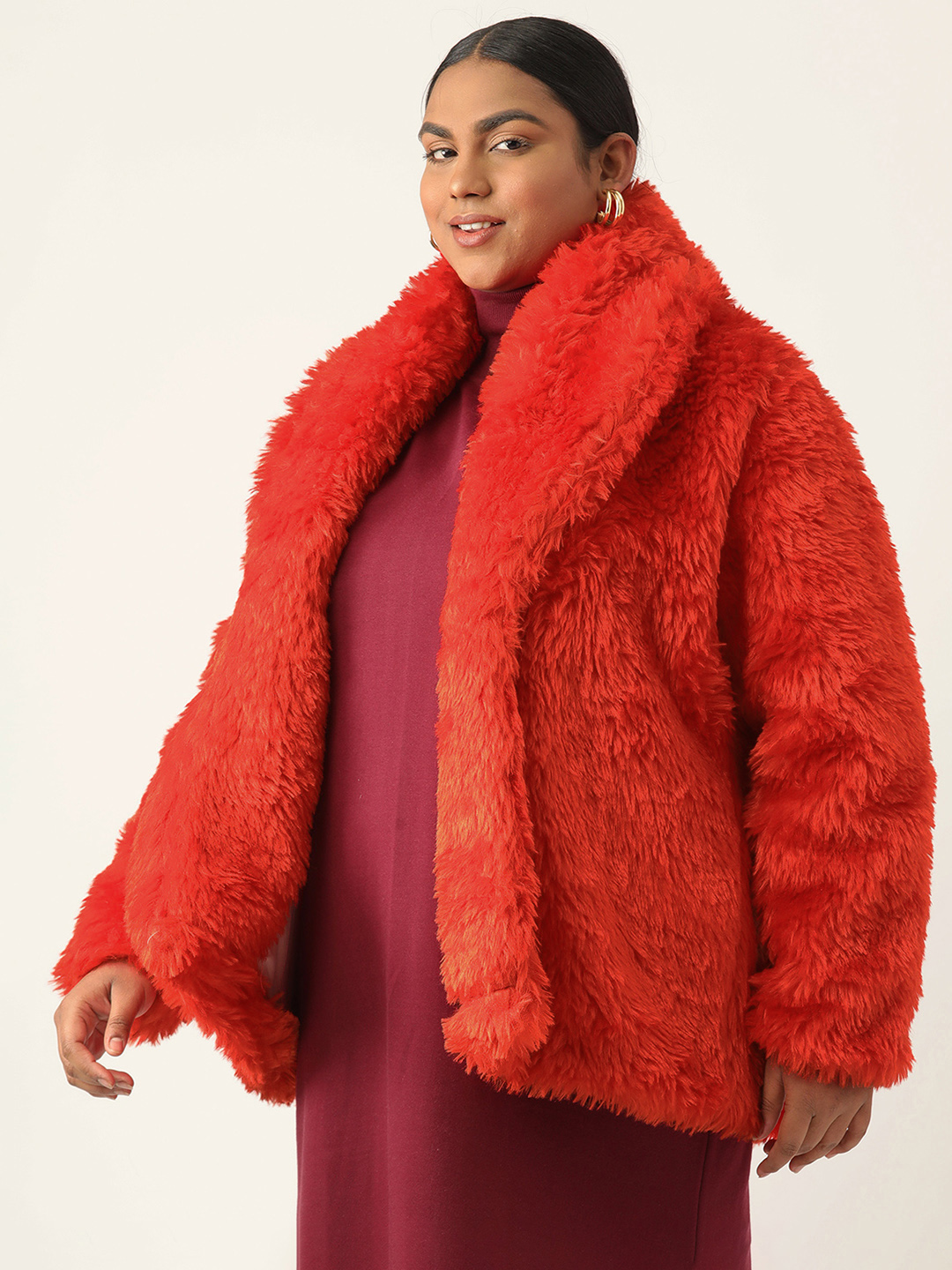 Women's Plus Size Red soild color faux fur winter jacket with attached lining