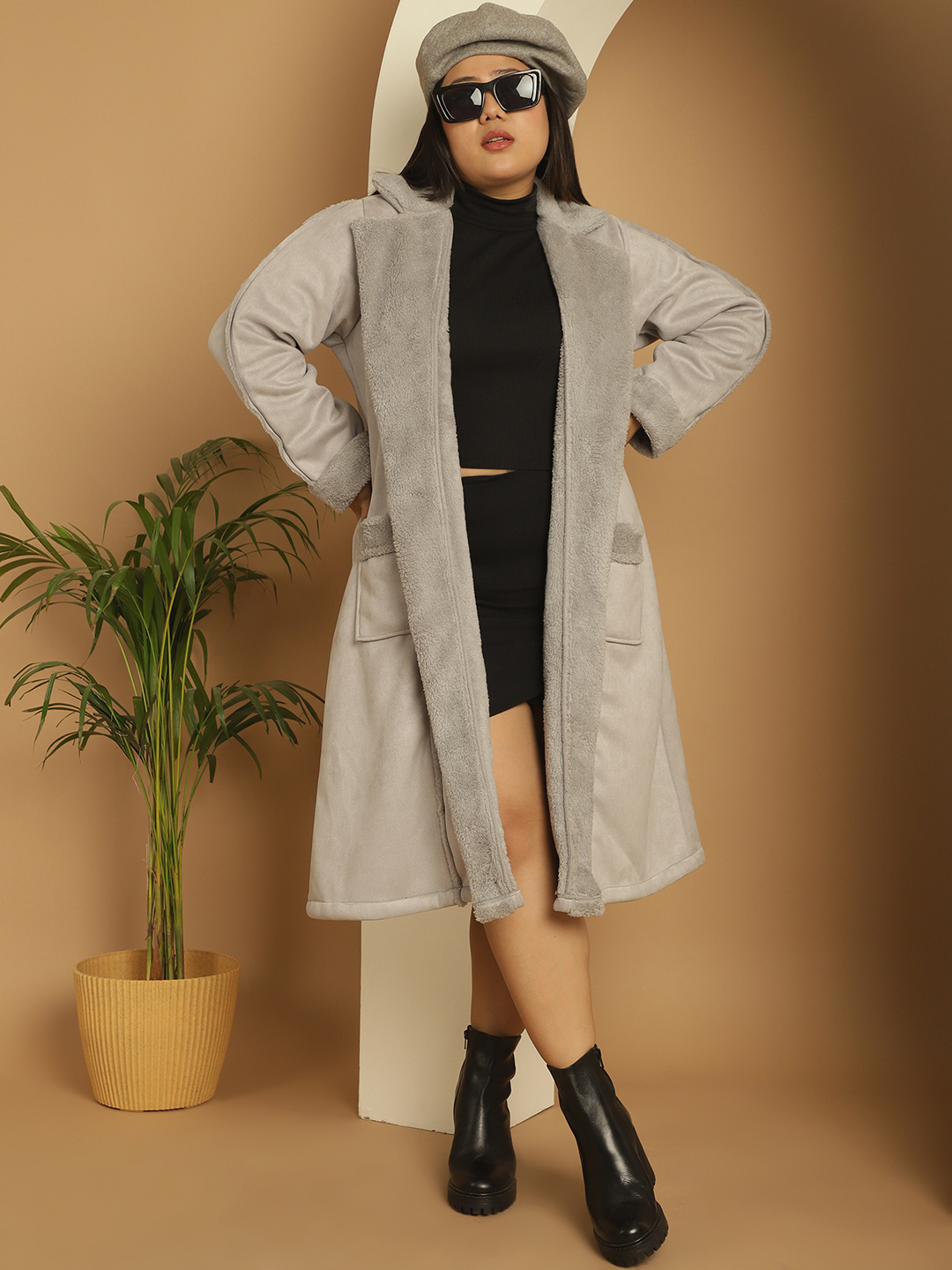 Women's Plus Size Grey Solid Color bonded Fur Longline Jacket