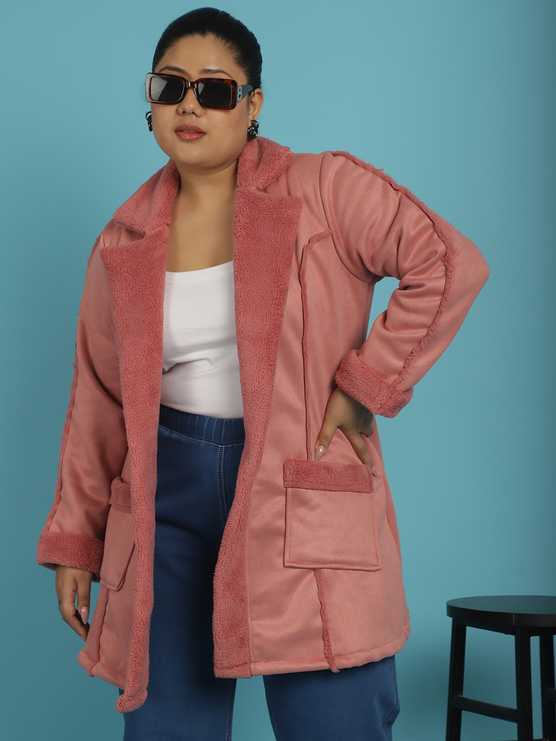 Women's Plus Size Pink Solid Color bonded Fur Longline Jacket