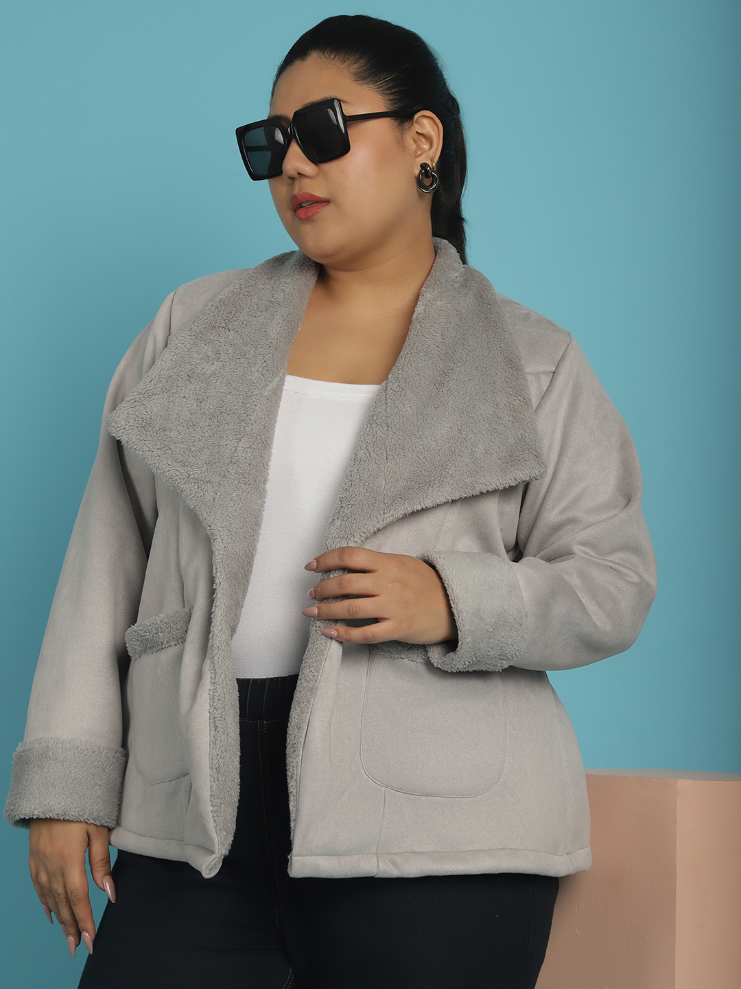 Women's Plus Size Grey Solid Color bonded Fur Jacket