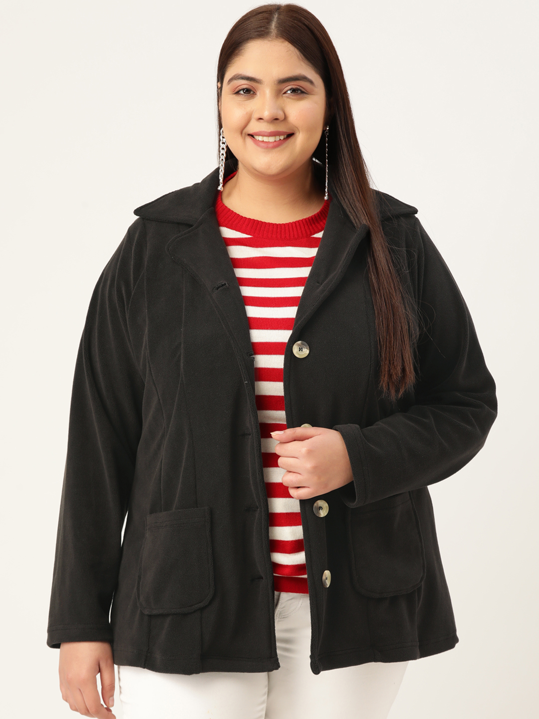 Women's Plus Size Black Solid Color knitted winter Jacket