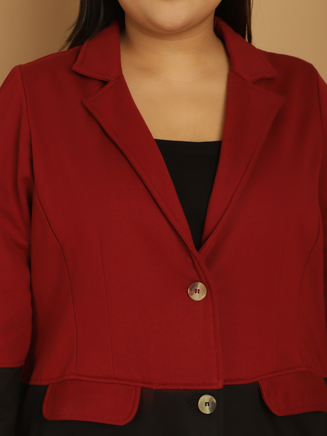 theRebelinme Plus Size Maroon & Black Color Block Knitted Jacket