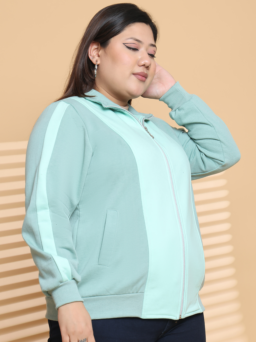 Women's Plus Size Light Green & Sea Green color block Fleece winter Jacket