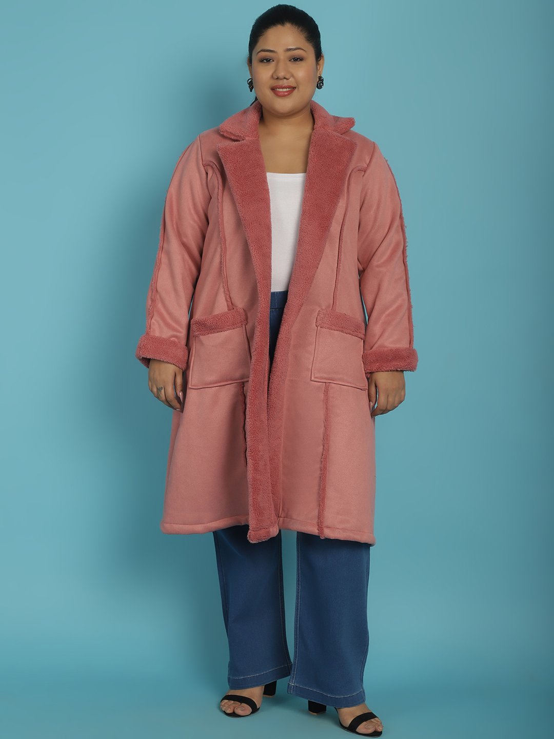Women's Plus Size Pink Solid Color bonded Fur Longline Jacket
