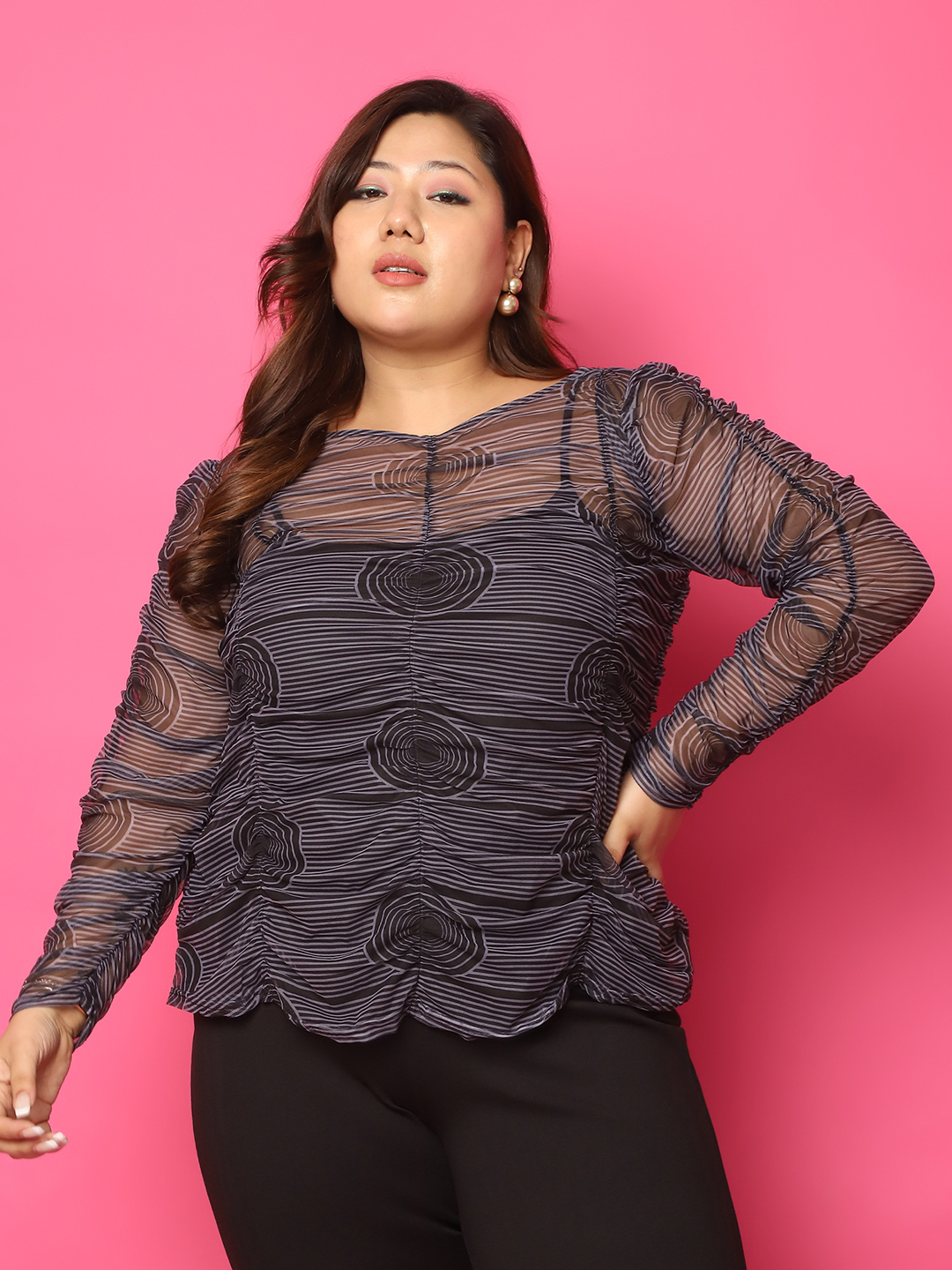 Women's Plus Size Navy Circle Printed Transparent knitted Top