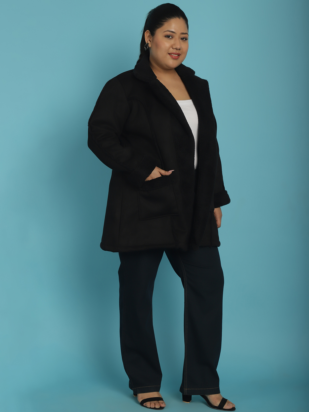 Women's Plus Size Black Solid Color bonded Fur Longline Jacket