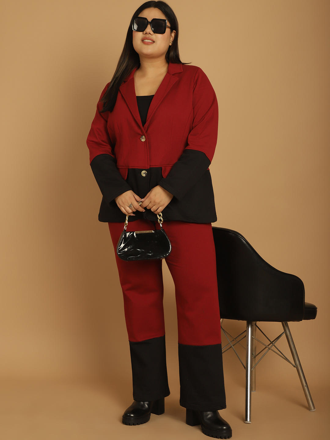 theRebelinme Plus Size Maroon & Black Color Block Knitted Jacket