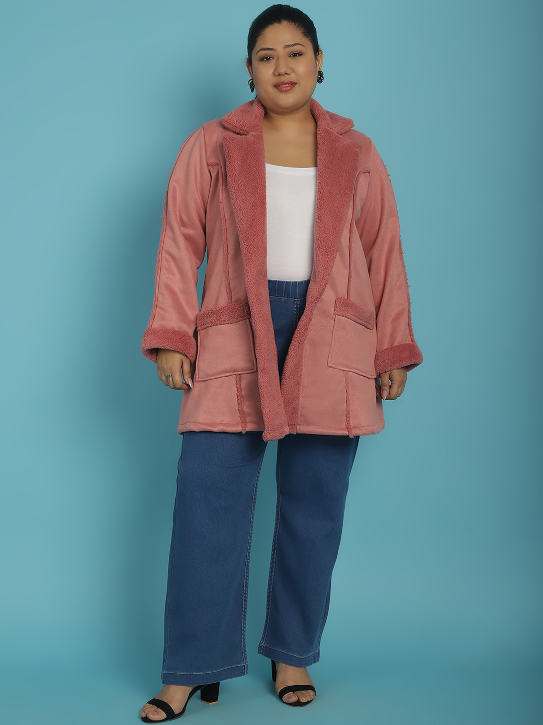 Women's Plus Size Pink Solid Color bonded Fur Longline Jacket