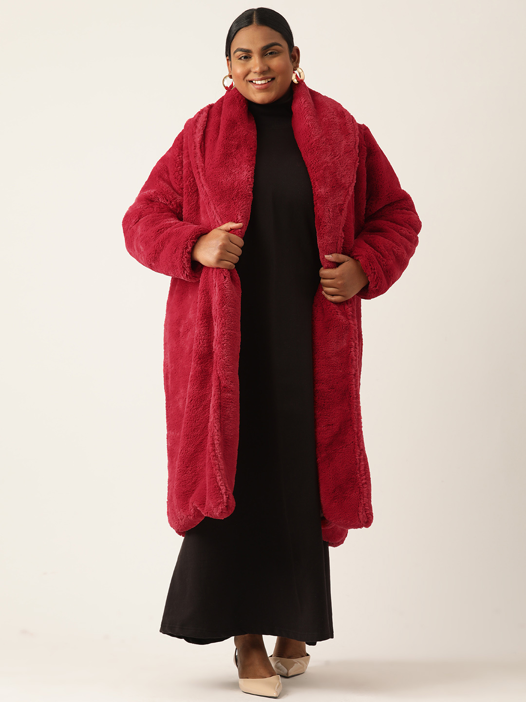 Women's Plus Size Red soild color faux fur longline winter jacket with attached lining