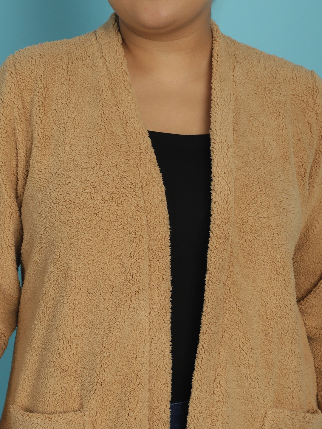 Women's Plus Size Camel Brown Solid Color Teddy Longline Jacket