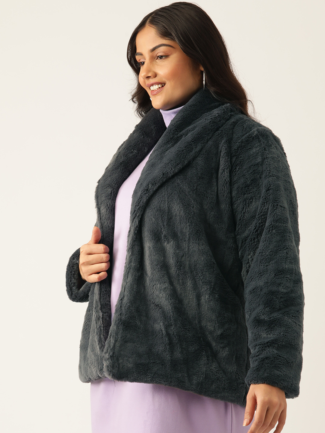 Women's Plus Size Charcoal Grey soild color faux fur winter jacket with attached lining