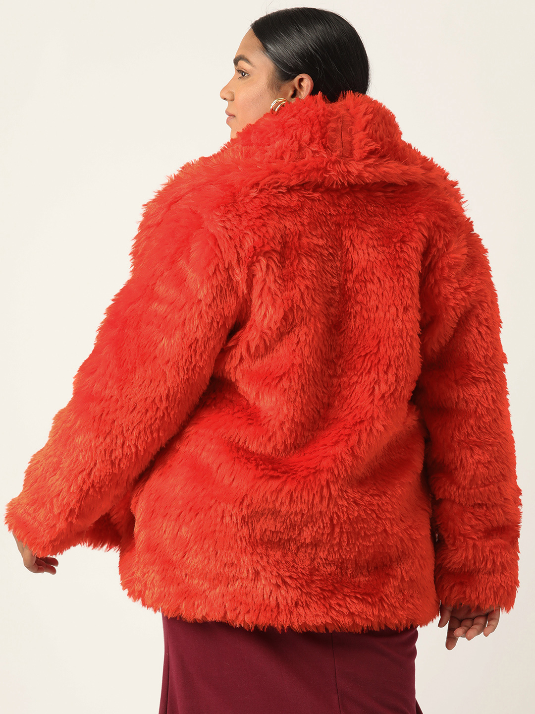 Women's Plus Size Red soild color faux fur winter jacket with attached lining