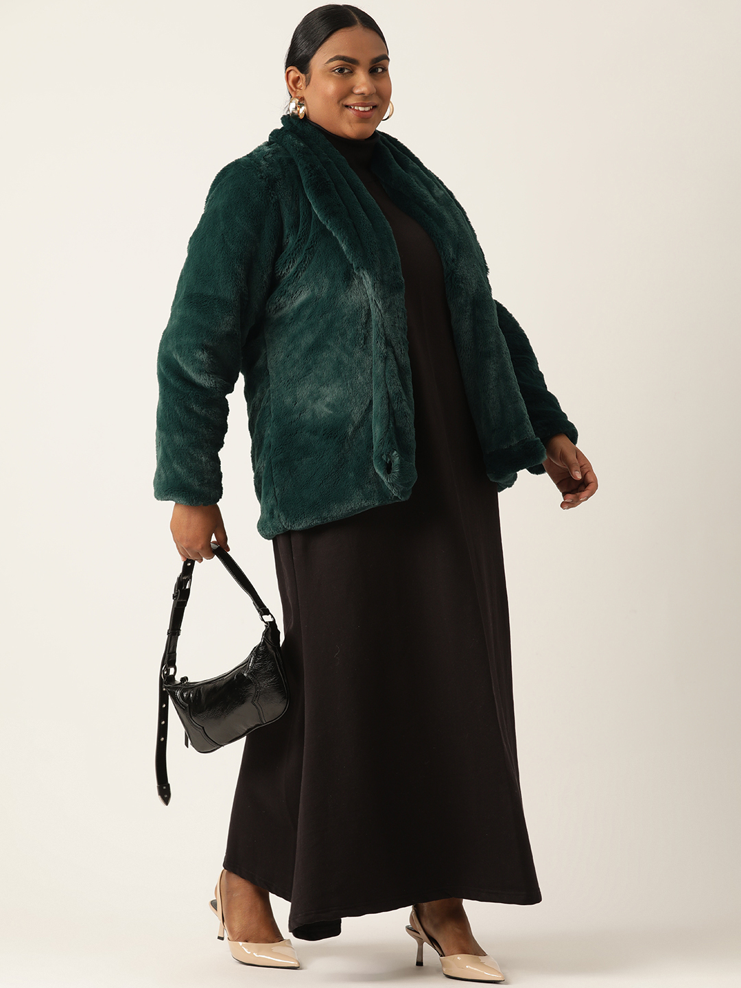 Women's Plus Size Bright Green soild color faux fur winter jacket with attached lining