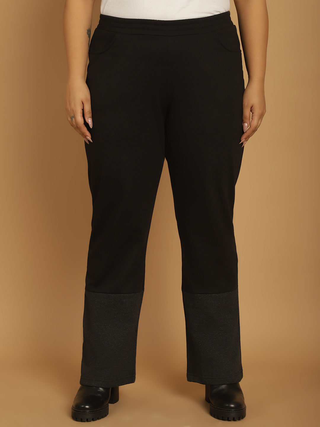 Women's Plus Size Black & Charcoal Grey Color Block Winter Trouser