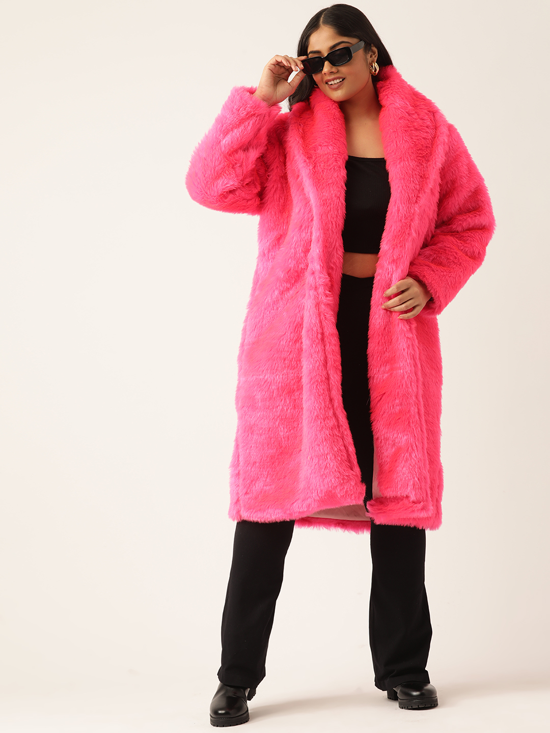 Women's Plus Size Dark Pink soild color faux fur longline winter jacket with attached lining