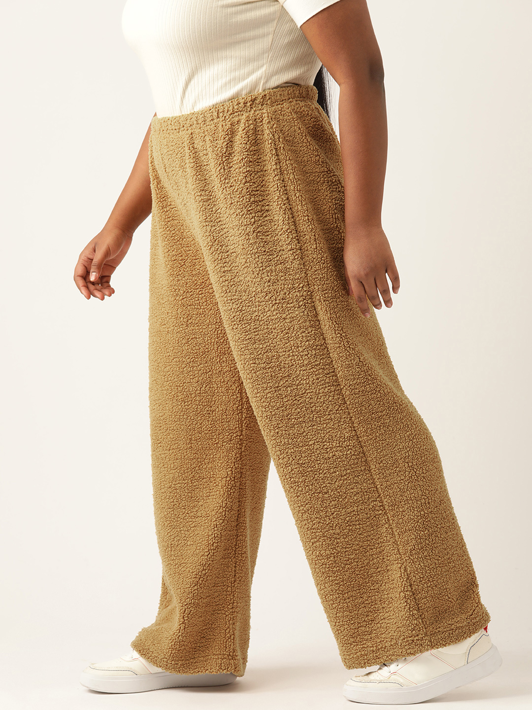 Women's Plus Size Camel Brown Solid Color Teddy Winter Trouser