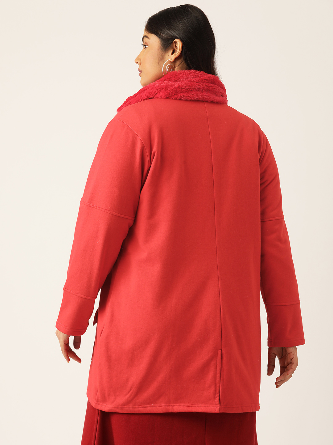 Women's Plus Size Red Solid Color Fleece Winter Longline Jacket