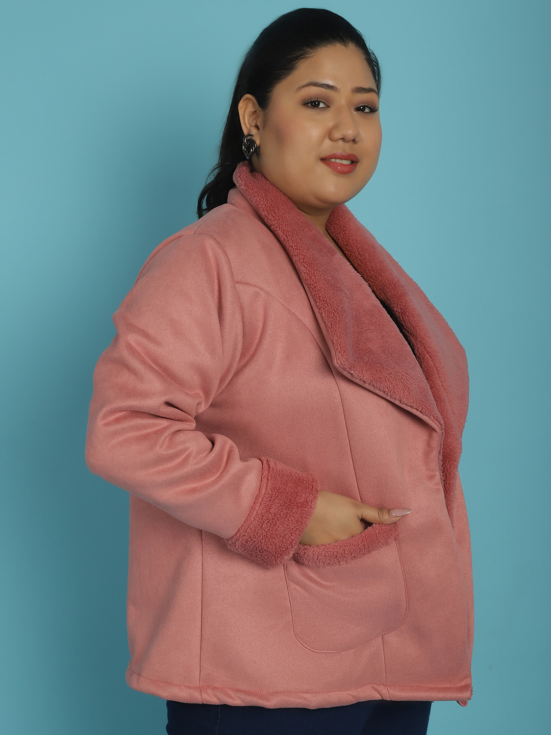 Women's Plus Size Pink Solid Color bonded Fur Jacket