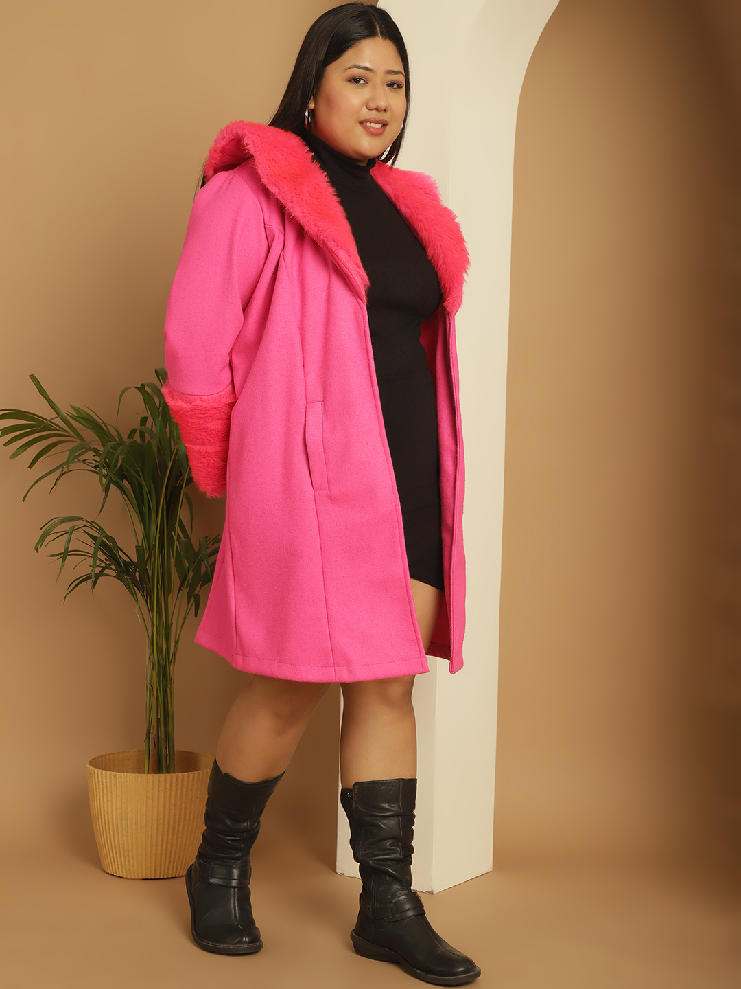 Women's Plus Size Dark Pink Solid Color faux fur Longline Jacket