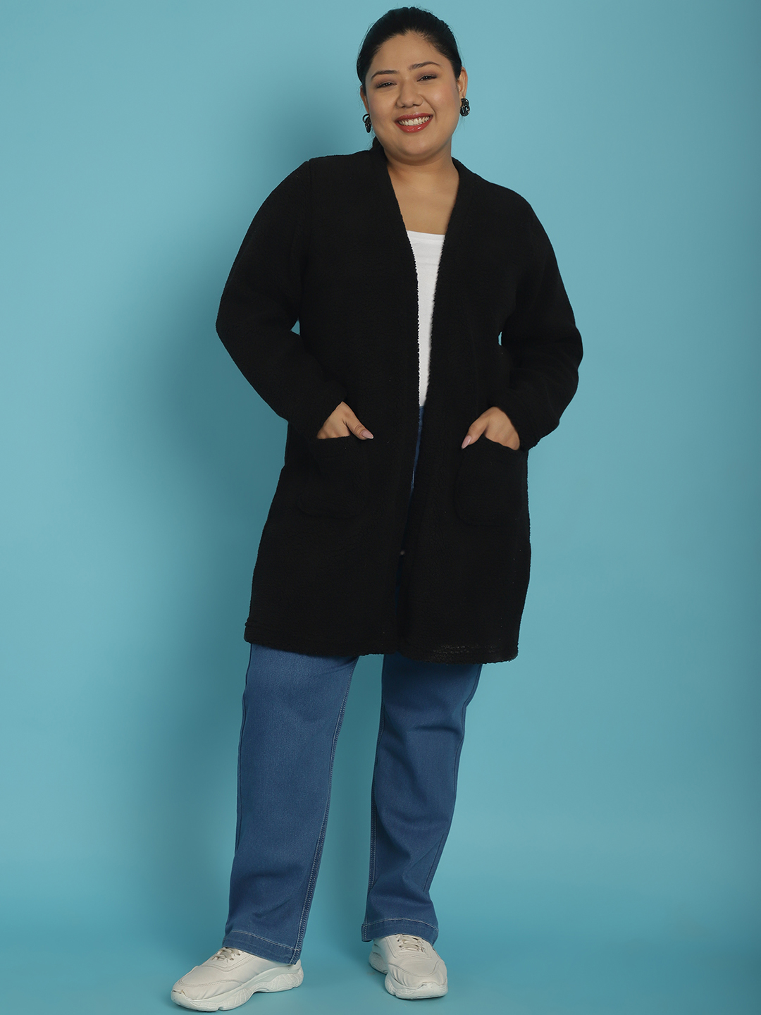 Women's Plus Size Black Solid Color Teddy Longline Jacket