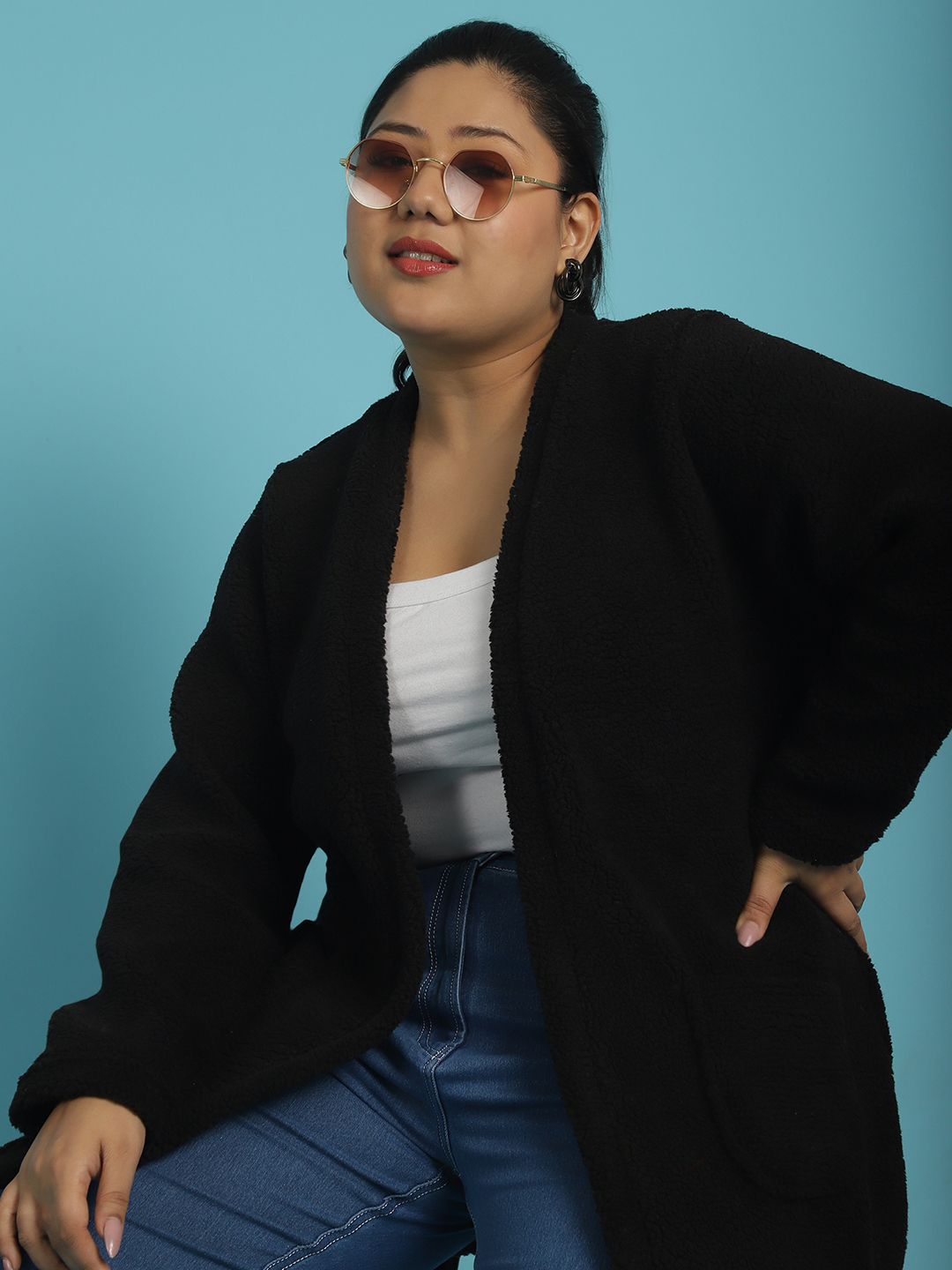 Women's Plus Size Black Solid Color Teddy Longline Jacket