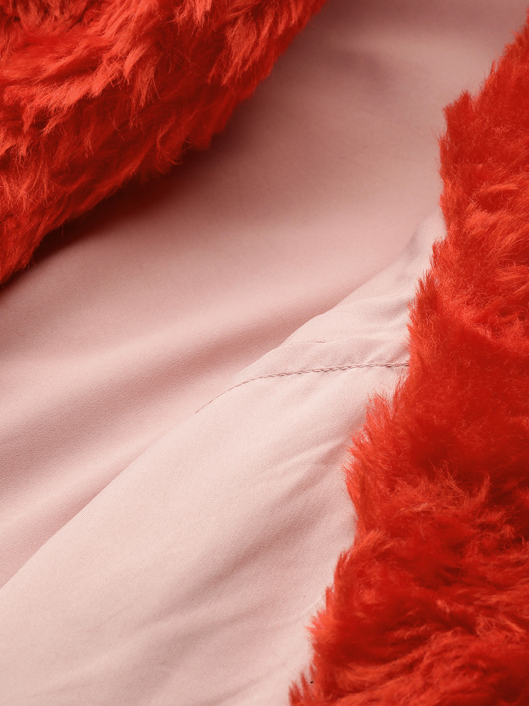 Women's Plus Size Red soild color faux fur winter jacket with attached lining