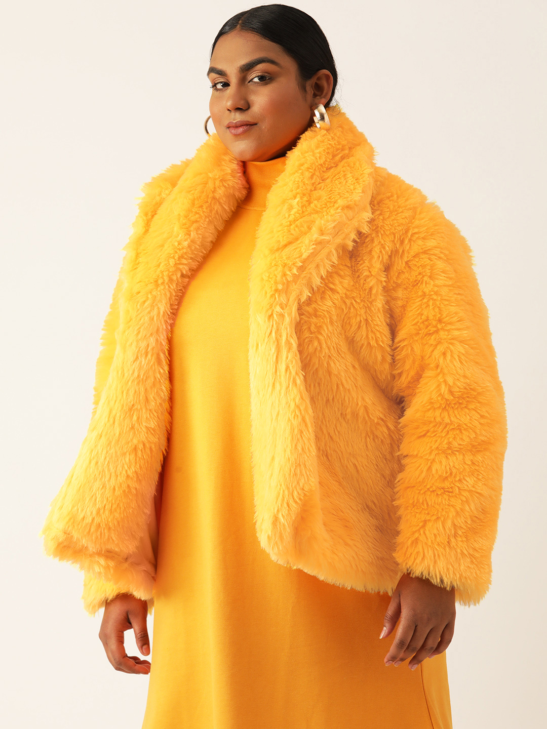 Women's Plus Size Yellow soild color faux fur winter jacket with attached lining