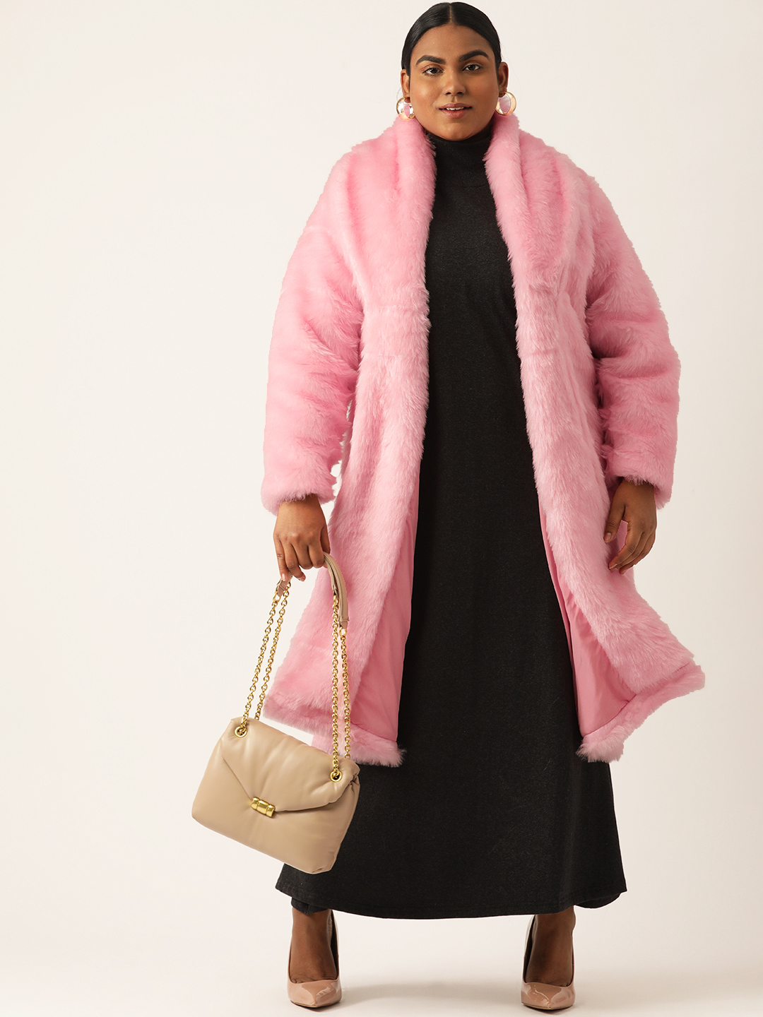 Women's Plus Size Pink soild color faux fur longline winter jacket with attached lining