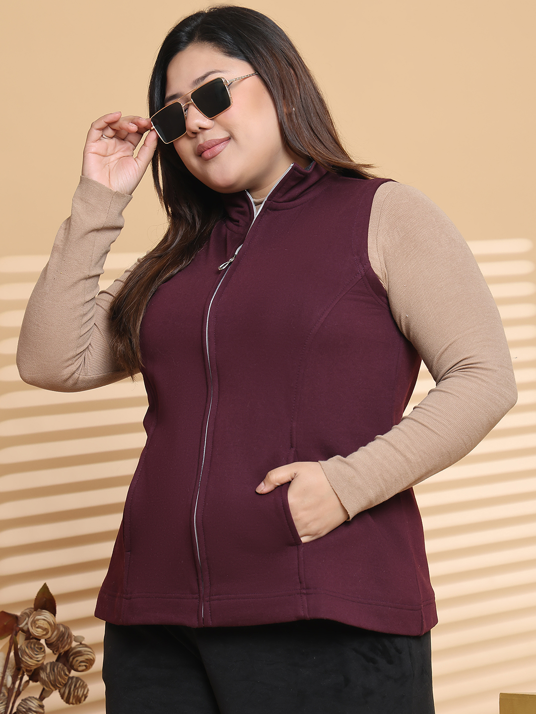 Women's Plus Size Plum Solid color Fleece winter Jacket