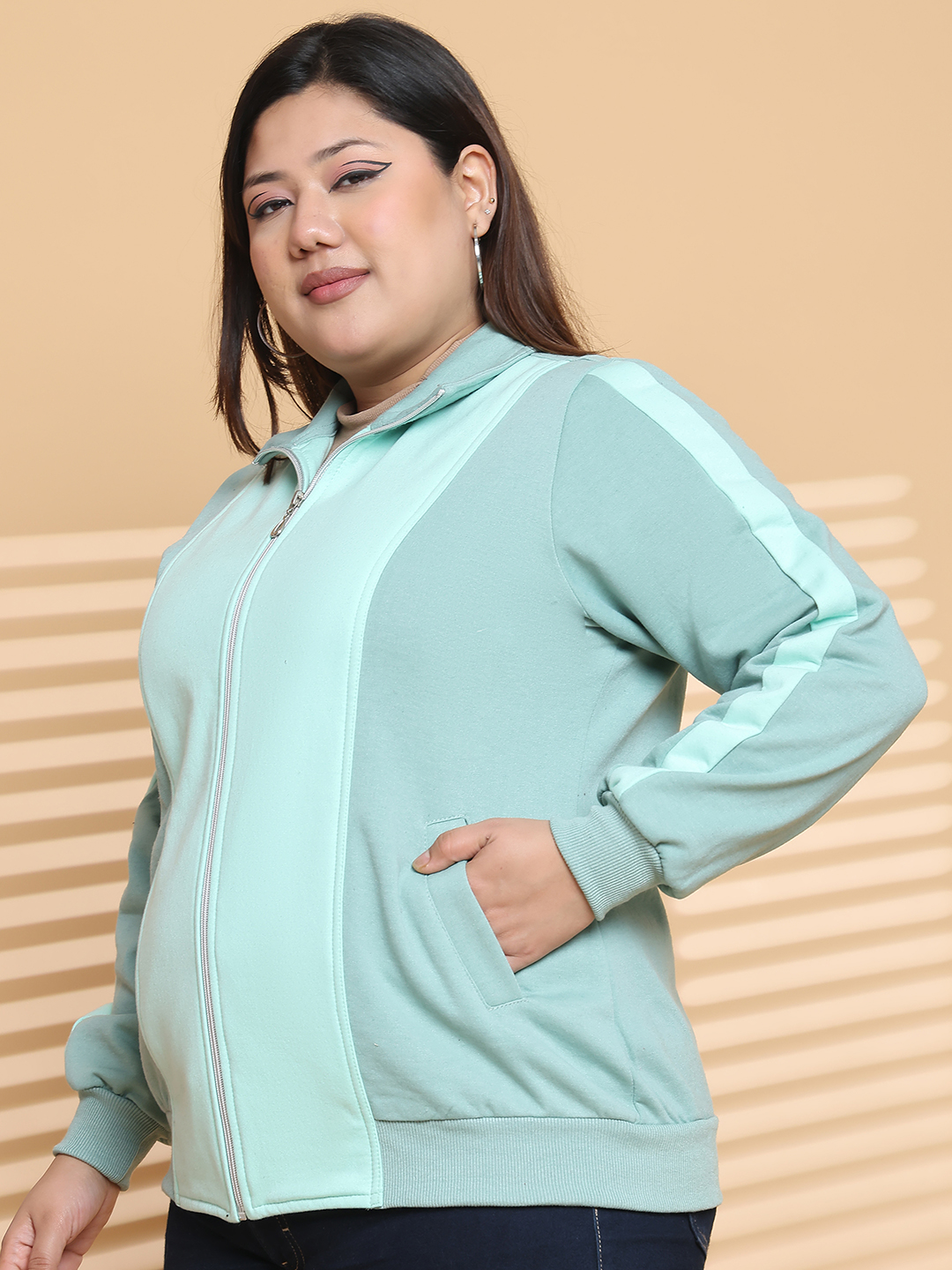 Women's Plus Size Light Green & Sea Green color block Fleece winter Jacket