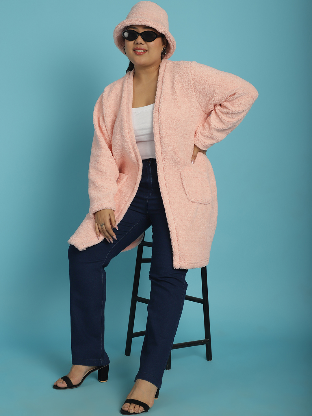 Women's Plus Size Pink Solid Color Teddy Longline Jacket