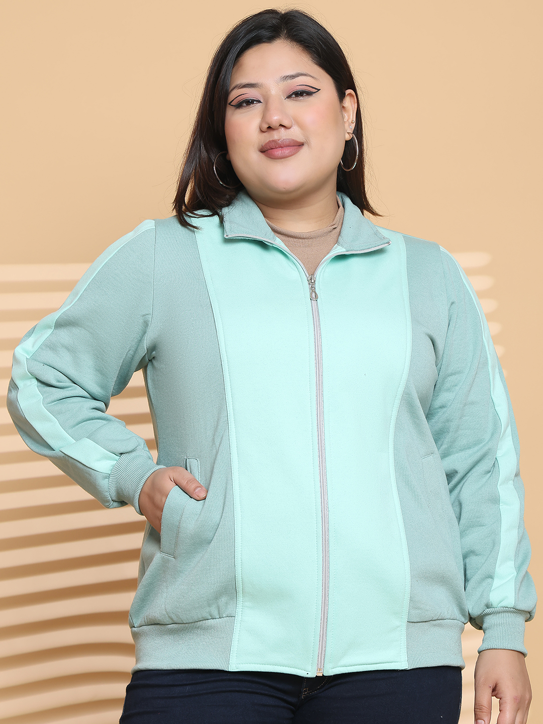 Women's Plus Size Light Green & Sea Green color block Fleece winter Jacket
