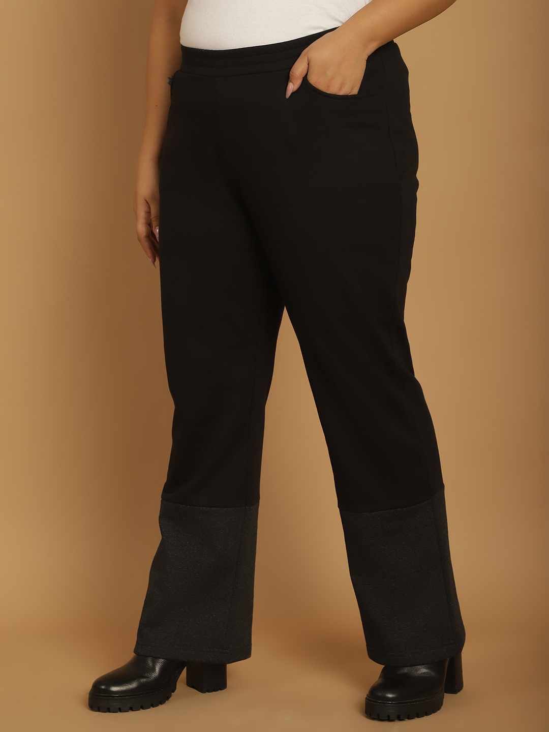Women's Plus Size Black & Charcoal Grey Color Block Winter Trouser
