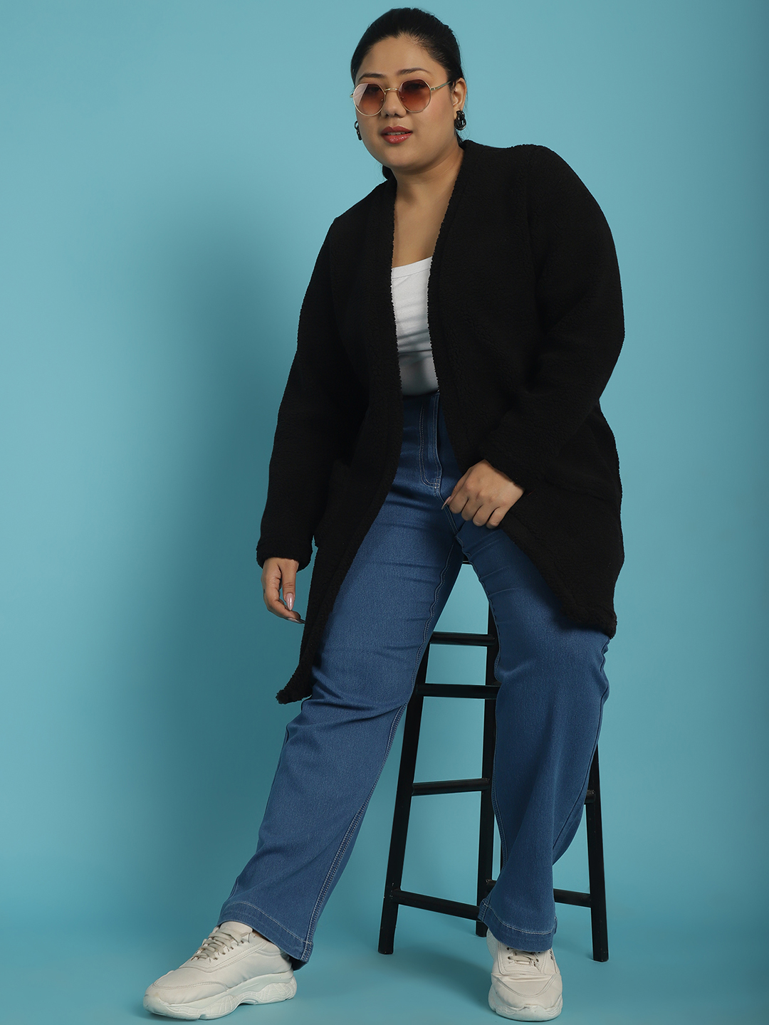 Women's Plus Size Black Solid Color Teddy Longline Jacket