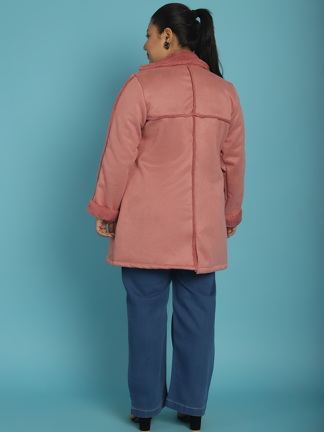 Women's Plus Size Pink Solid Color bonded Fur Longline Jacket