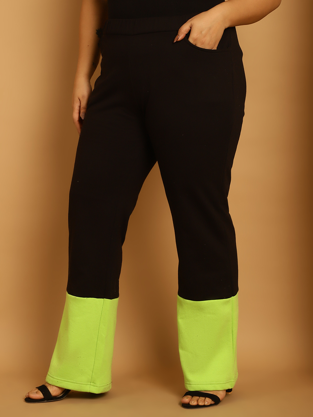 Women's Plus Size Bright Green & Black Color Block Winter Trouser