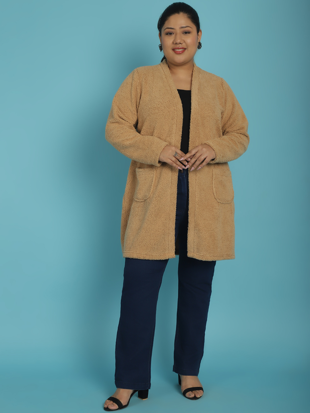 Women's Plus Size Camel Brown Solid Color Teddy Longline Jacket