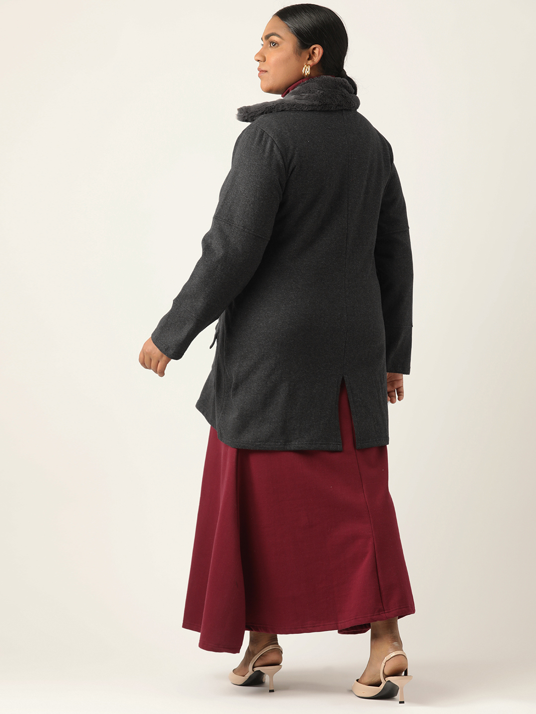 Women's Plus Size Charcoal Grey Solid Color Fleece Winter Longline Jacket