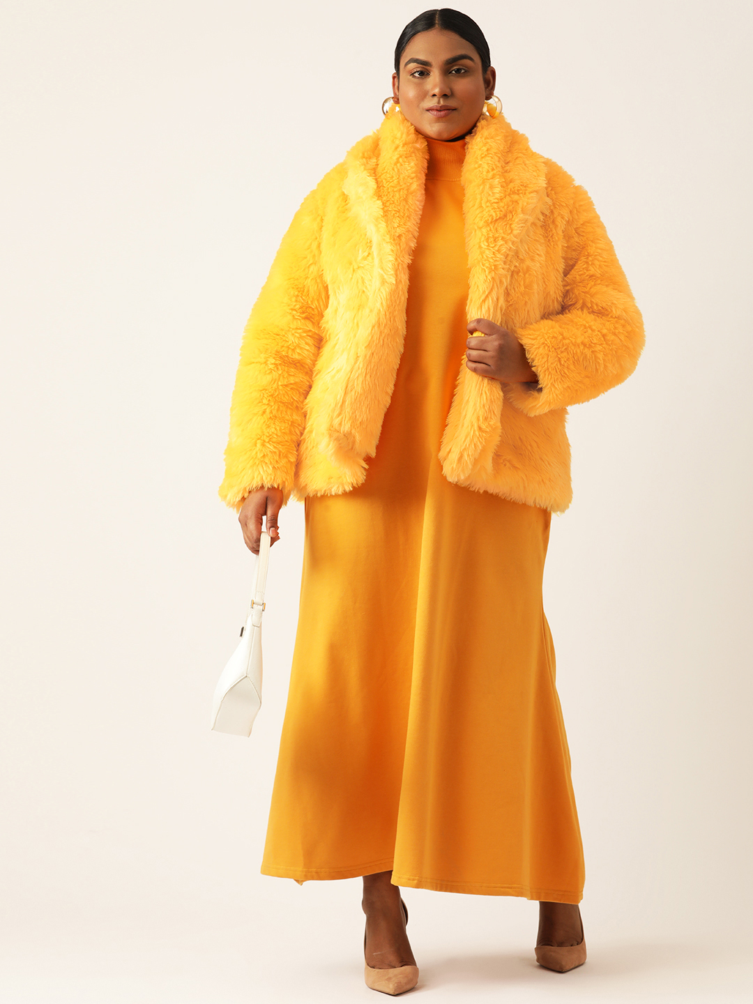 Women's Plus Size Yellow soild color faux fur winter jacket with attached lining