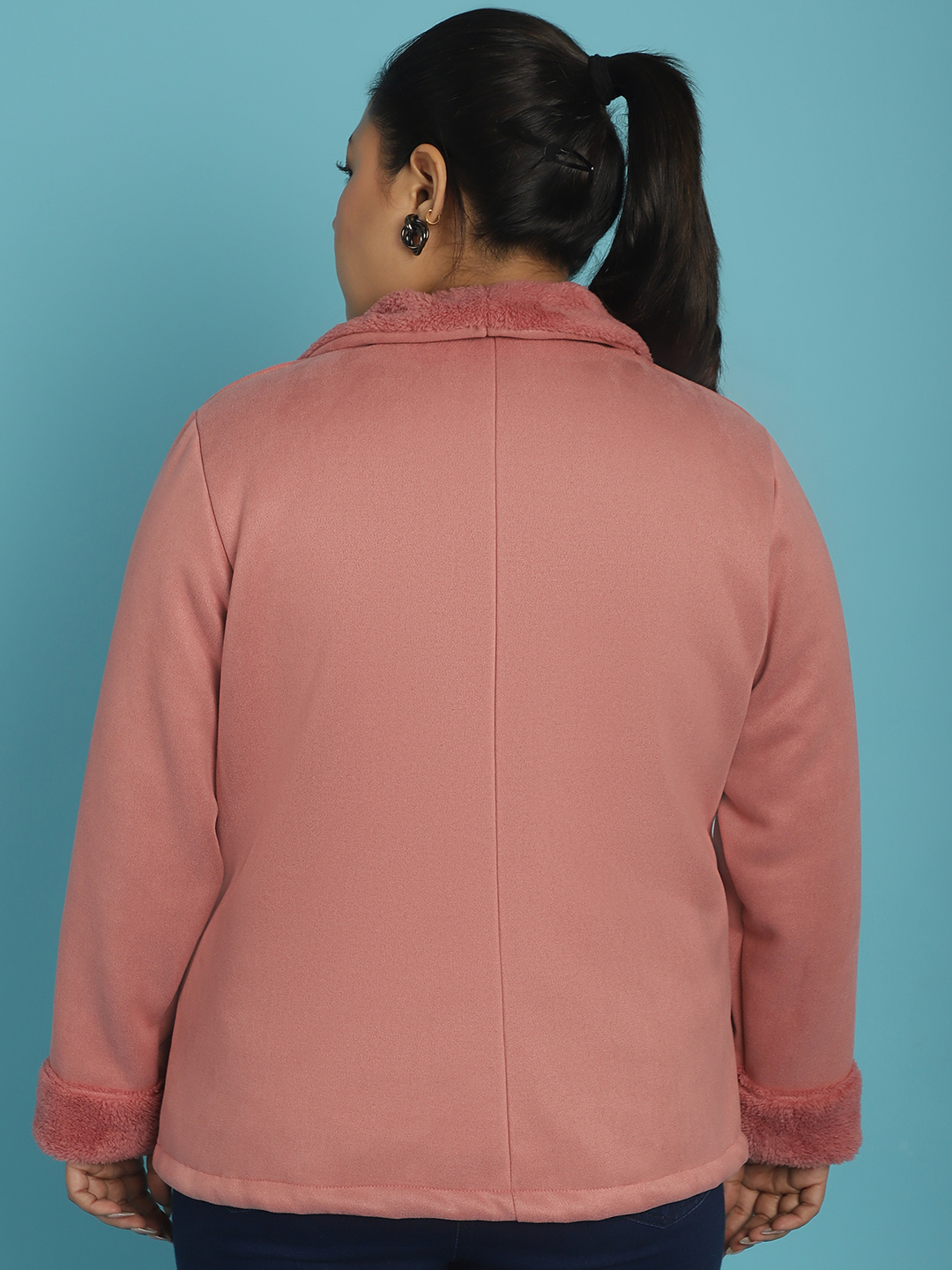 Women's Plus Size Pink Solid Color bonded Fur Jacket