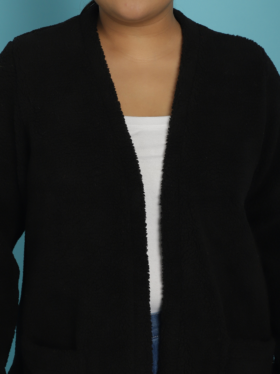 Women's Plus Size Black Solid Color Teddy Longline Jacket