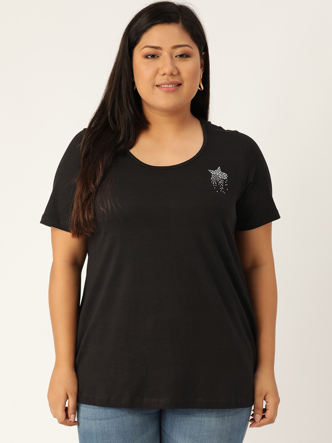 Women's Plus Size Black Solid Color Cotton knitted T-shirt with embellished detail