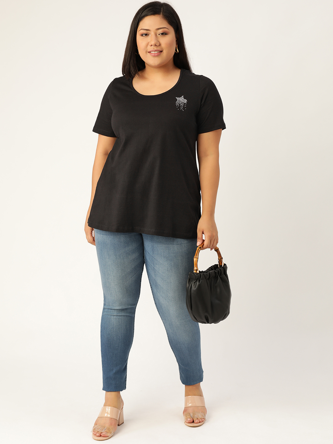 Women's Plus Size Black Solid Color Cotton knitted T-shirt with embellished detail