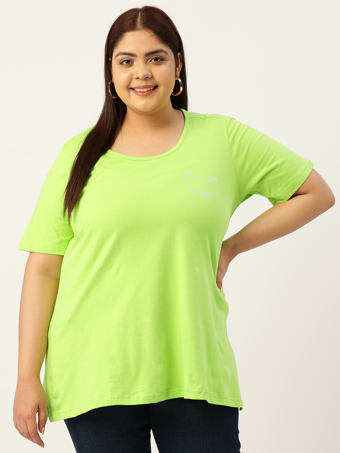 Women's Plus Size Bright Green Solid Color Cotton knitted T-shirt with embellished detail