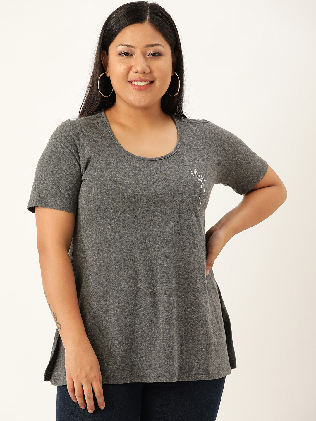 Women's Plus Size Charcoal Grey Solid Color Cotton knitted T-shirt with embellished detail