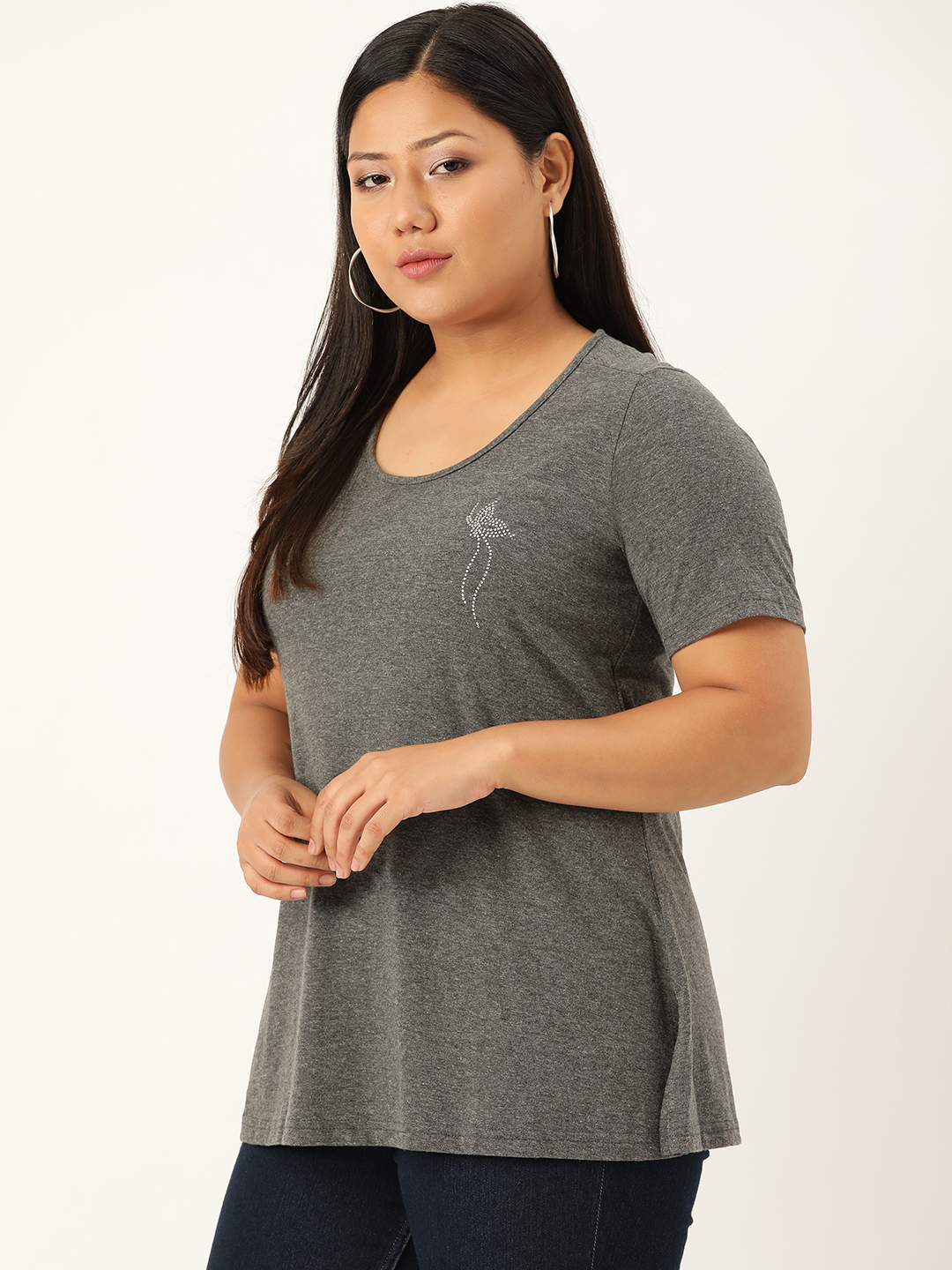 Women's Plus Size Charcoal Grey Solid Color Cotton knitted T-shirt with embellished detail