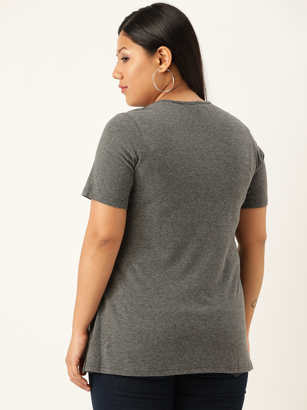 Women's Plus Size Charcoal Grey Solid Color Cotton knitted T-shirt with embellished detail