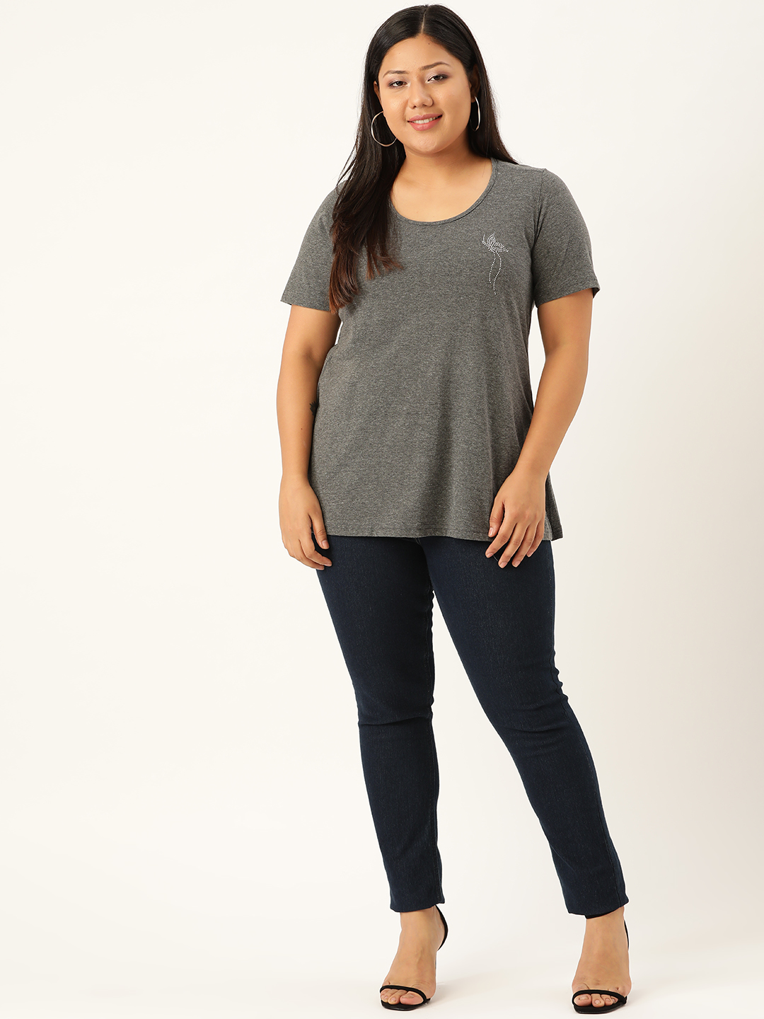Women's Plus Size Charcoal Grey Solid Color Cotton knitted T-shirt with embellished detail