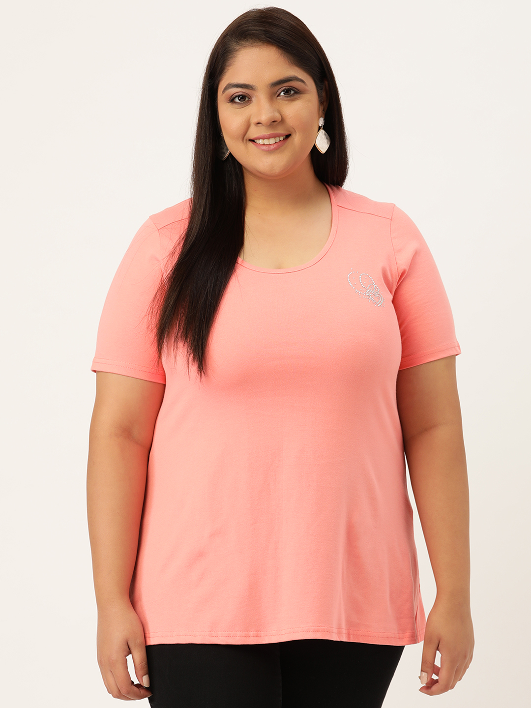 Women's Plus Size Dark Peach Solid Color Cotton knitted T-shirt with embellished detail