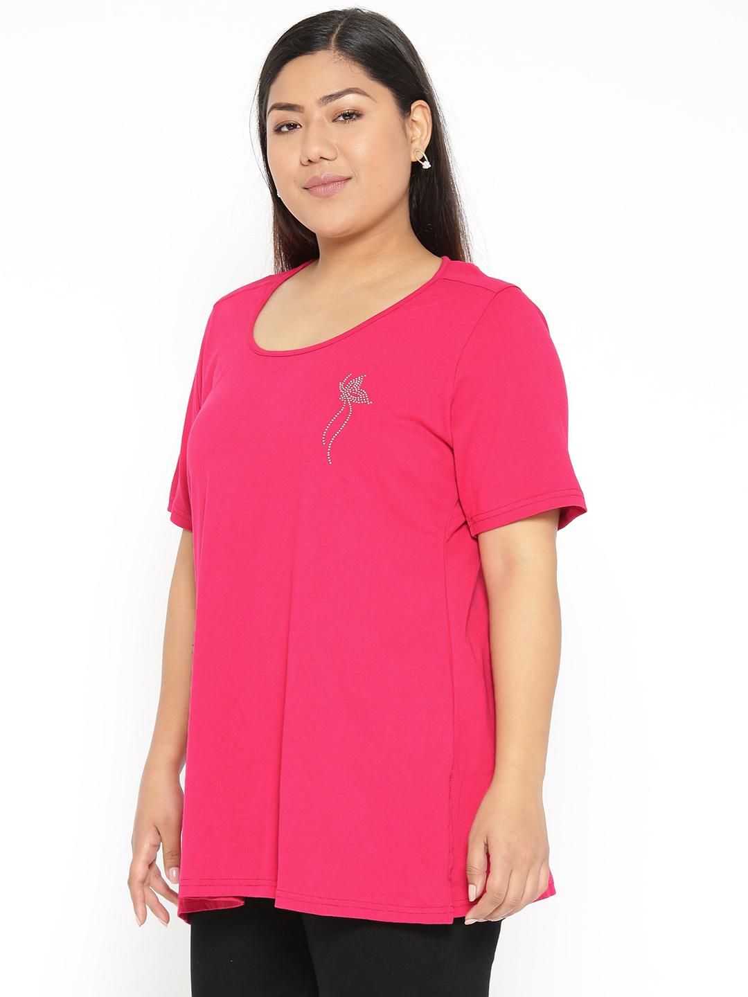 Women's Plus Size Fuchsia Solid Color Cotton knitted T-shirt with embellished detail